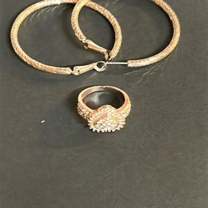 Rose gold Heart Ring with Crystals & hoop earrings